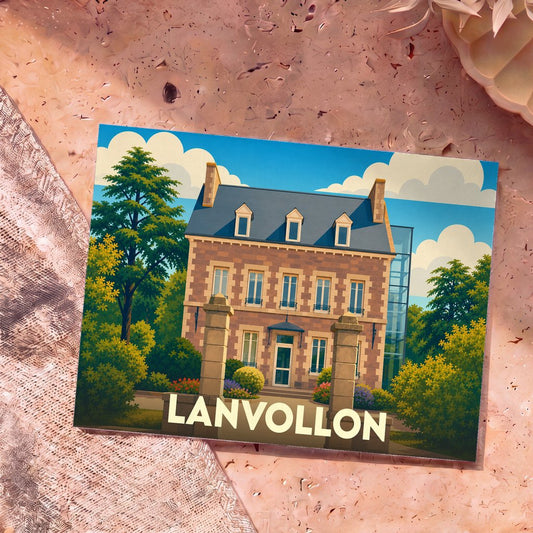 Carte postale souvenir de la ville de Lanvollon avec une illustration stylisée d'une demeure en pierre.