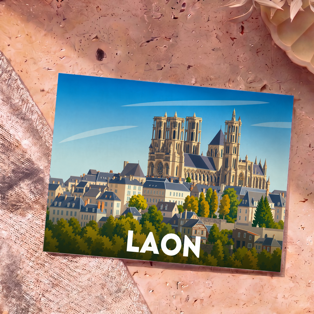 Carte postale souvenir de la ville de Laon présentant une illustration stylisée de sa cathédrale surplombant la cité médiévale.