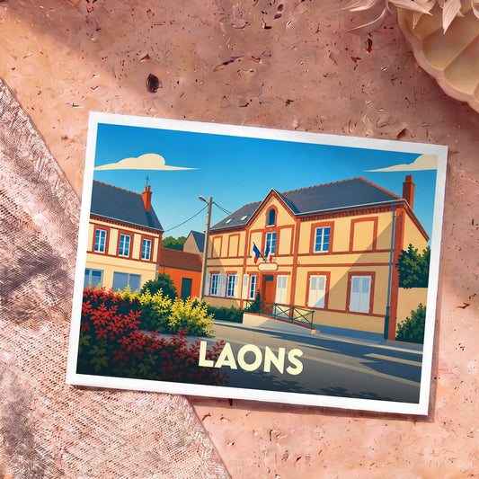 Carte postale souvenir de la ville de Laons avec une illustration stylisée d'une mairie française.