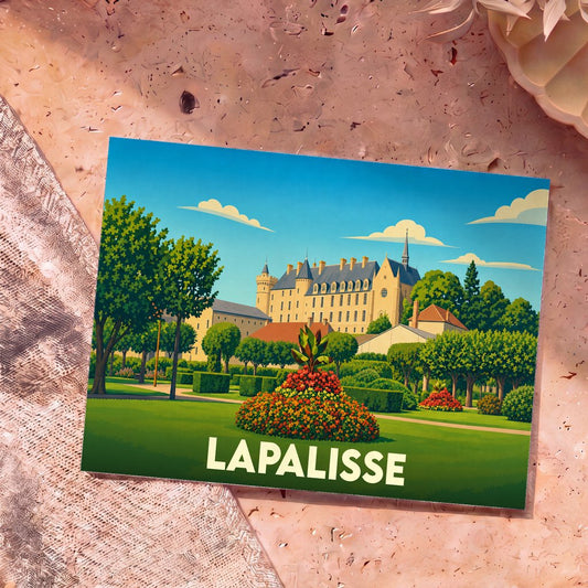 Carte postale souvenir de la ville de Lapalisse avec une illustration stylisée de son château et de ses jardins fleuris.