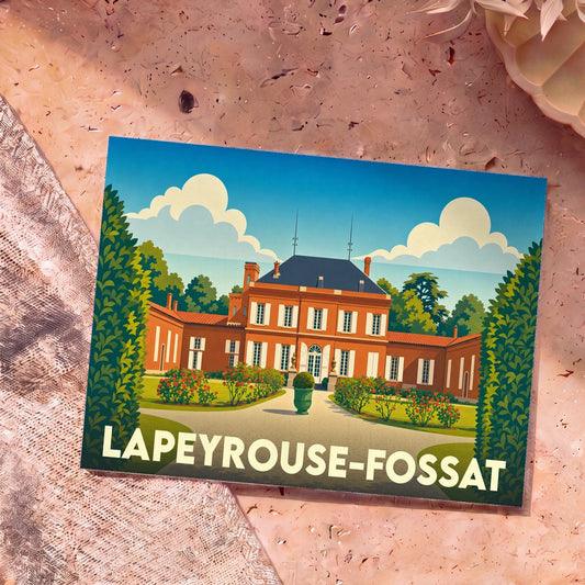 Carte postale souvenir de la ville de Lapeyrouse-Fossat avec une illustration stylisée de château.