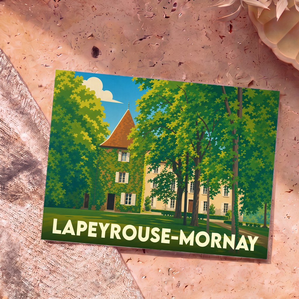 Carte postale souvenir de la ville de Lapeyrouse-Mornay avec une illustration stylisée d'un château entouré de grands arbres.