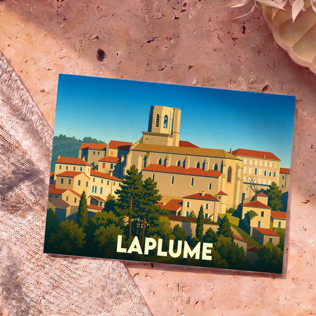 Carte postale souvenir de la ville de Laplume avec une illustration stylisée.