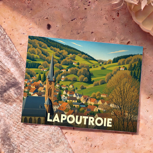 Carte postale souvenir de la ville de Lapoutroie présentant une illustration stylisée de son église et de ses collines verdoyantes.