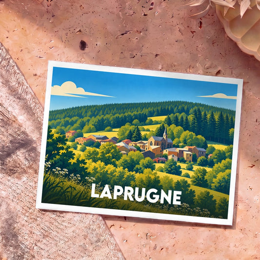 Carte postale souvenir de la ville de Laprugne avec une illustration stylisée d'un village niché dans une vallée verdoyante.