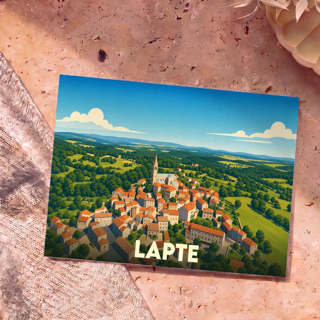 Carte postale souvenir de la ville de Lapte avec une illustration stylisée d'un village perché.