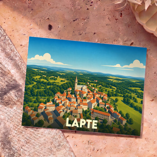 Carte postale souvenir de la ville de Lapte avec une illustration stylisée d'un village perché.