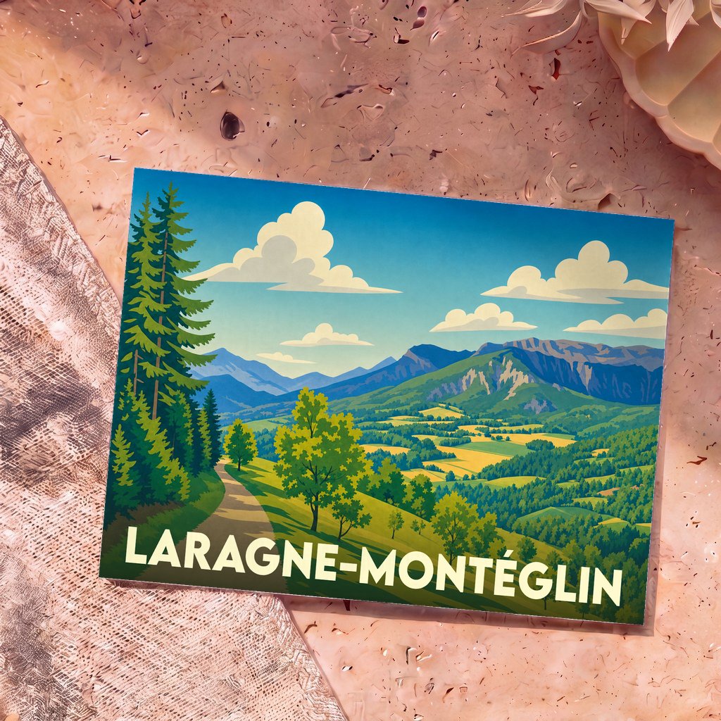 Carte postale souvenir de la ville de Laragne-Montéglin avec une illustration stylisée de paysages montagneux.