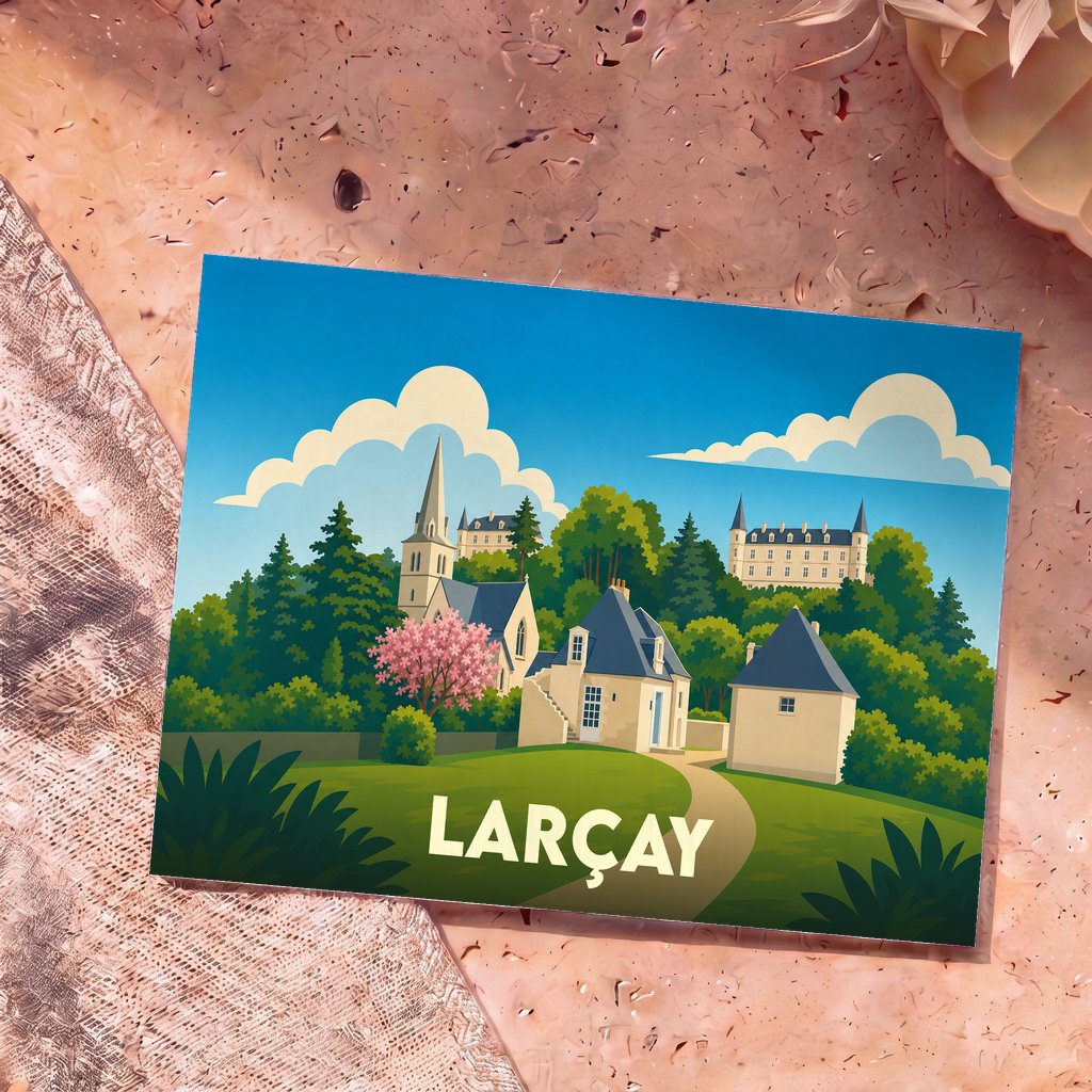 Carte postale souvenir de la ville de Larçay avec une illustration stylisée de ses bâtiments et de sa nature.