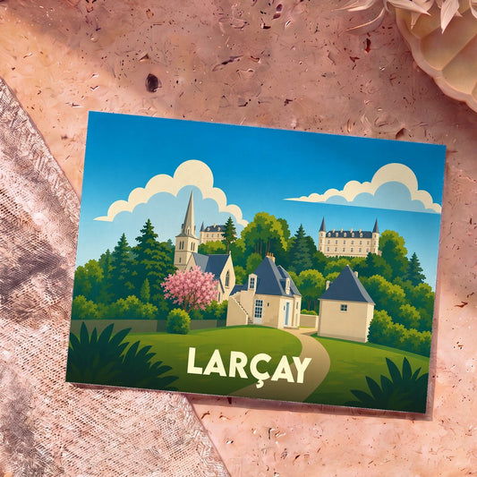 Carte postale souvenir de la ville de Larçay avec une illustration stylisée de ses bâtiments et de sa nature.