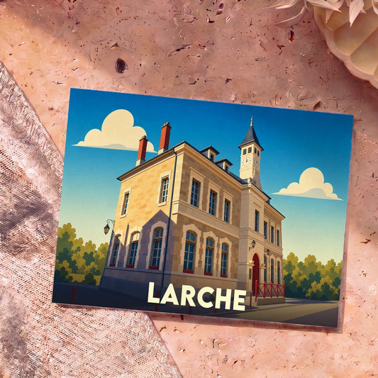 Carte postale souvenir de la ville de Larche illustrant son hôtel de ville dans un style graphique épuré.