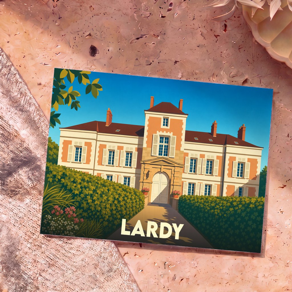 Carte postale souvenir de la ville de Lardy avec une illustration stylisée d'un château.