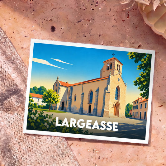 Carte postale souvenir de la ville de Largeasse avec une illustration stylisée de son église sous un ciel bleu.