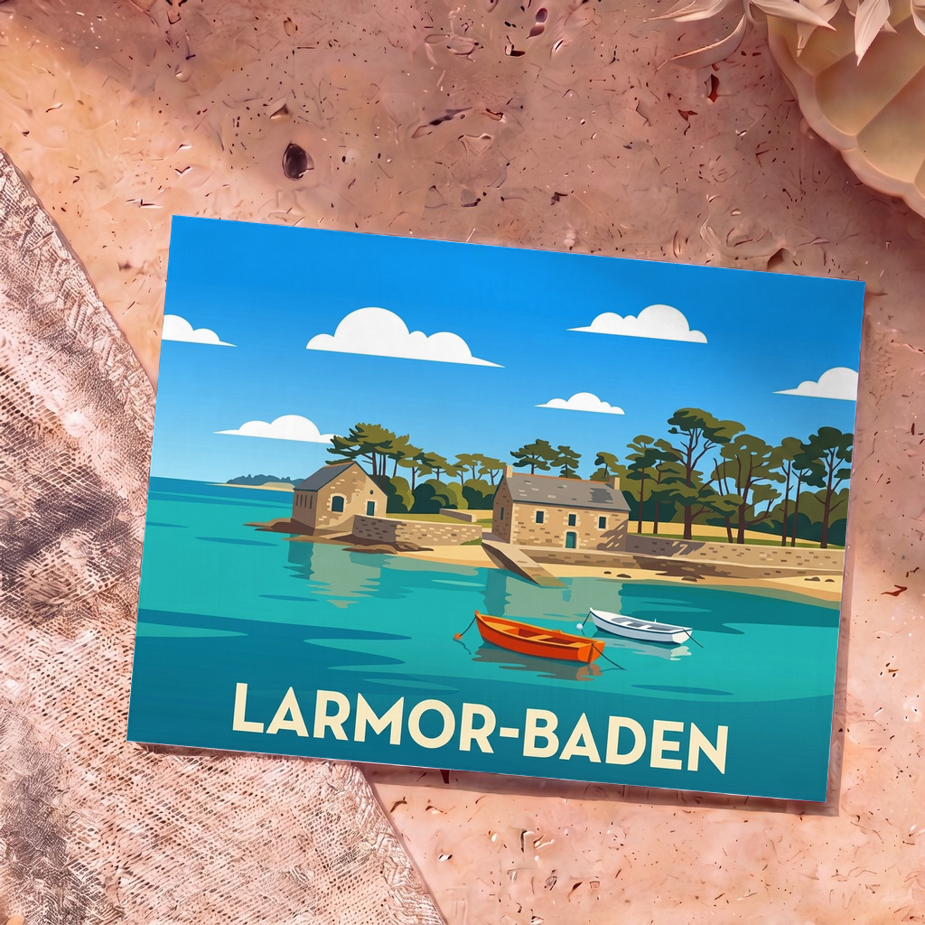 Carte postale souvenir de la ville de Larmor-Baden avec une illustration stylisée d'un paysage côtier breton.