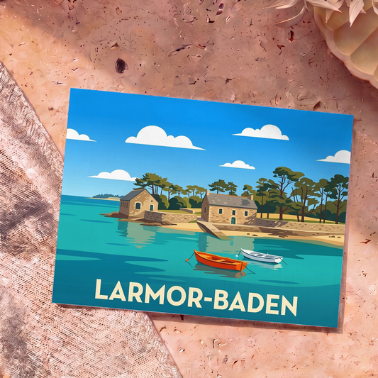 Carte postale souvenir de la ville de Larmor-Baden avec une illustration stylisée d'un paysage côtier breton.