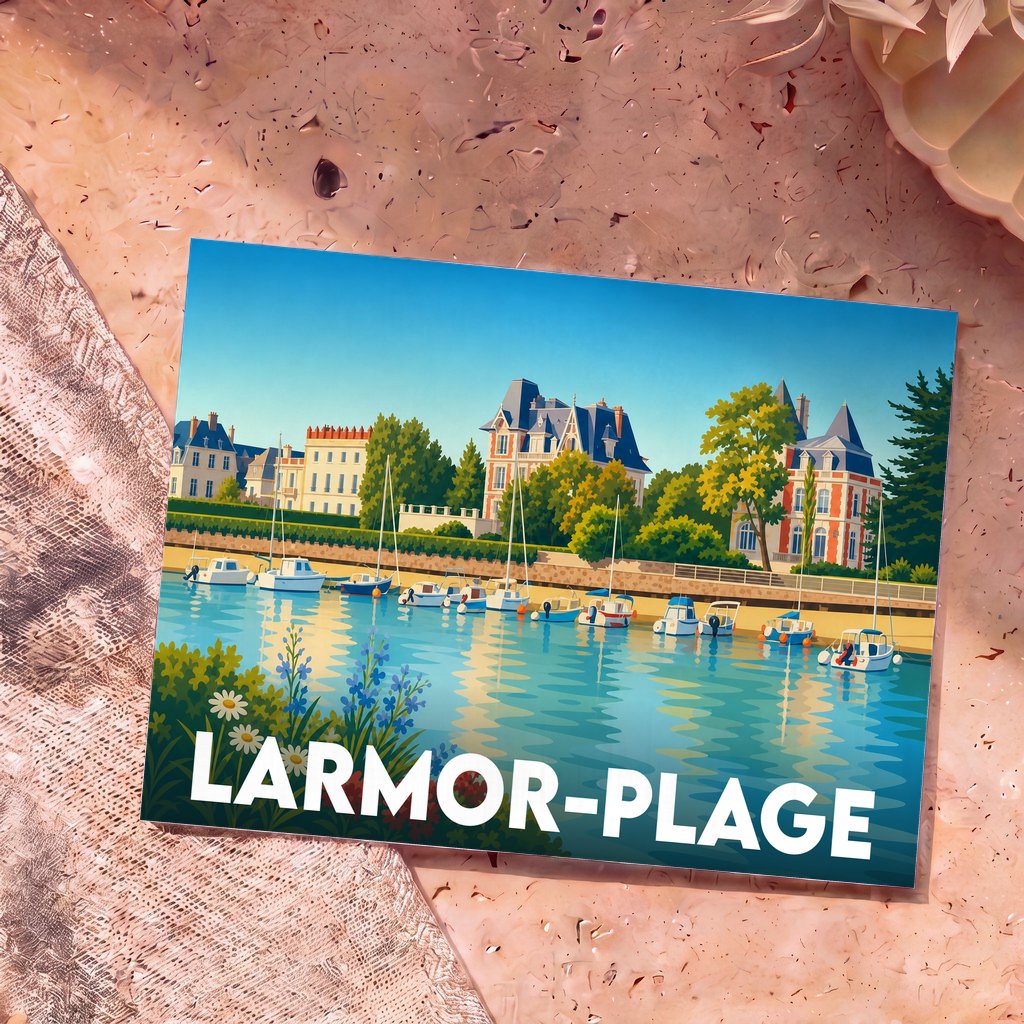 Carte postale souvenir de la ville de Larmor-Plage avec une illustration stylisée de son front de mer.