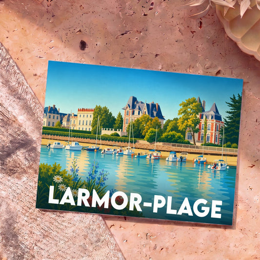 Carte postale souvenir de la ville de Larmor-Plage avec une illustration stylisée de son front de mer.