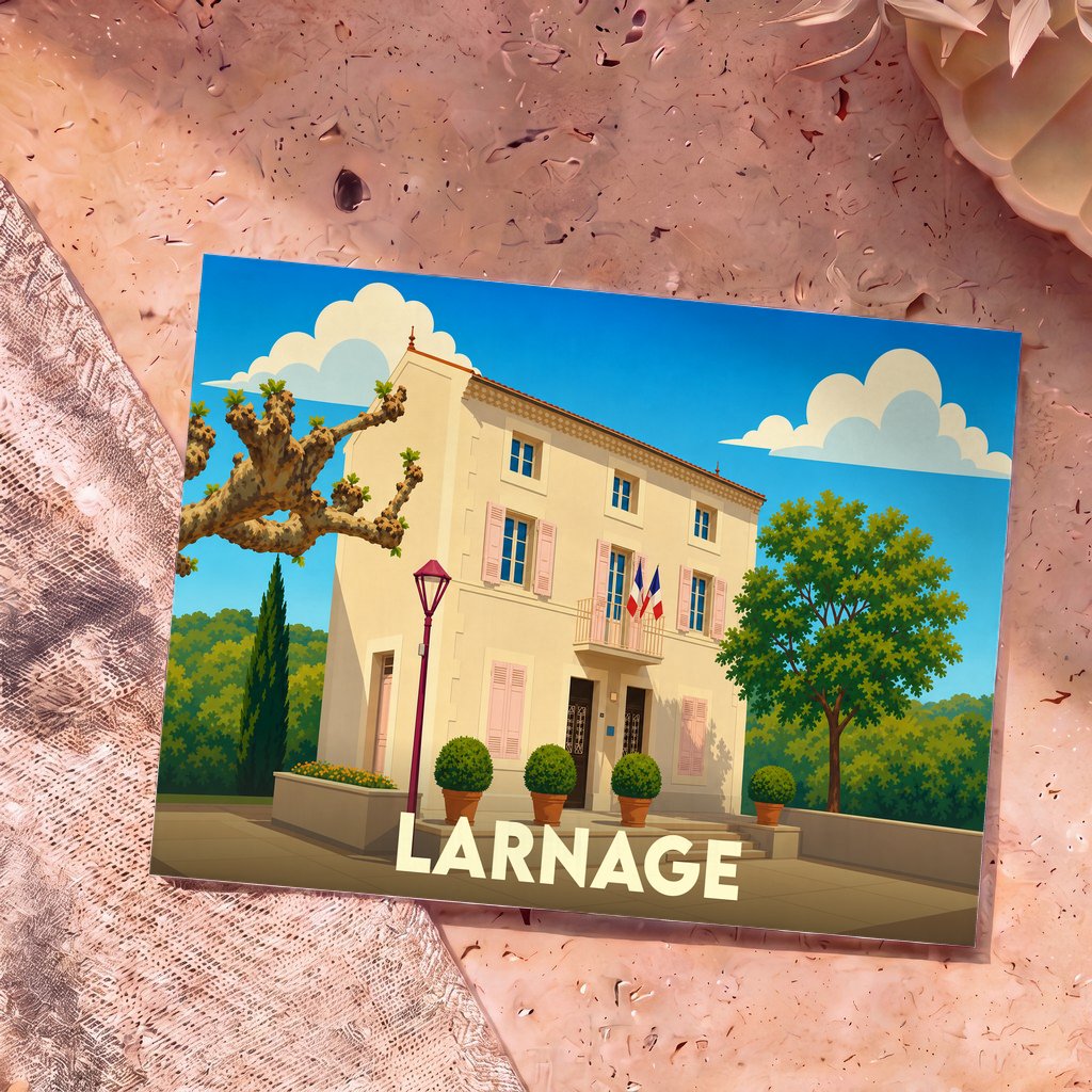 Carte postale souvenir de la ville de Larnage avec une illustration stylisée de sa mairie.
