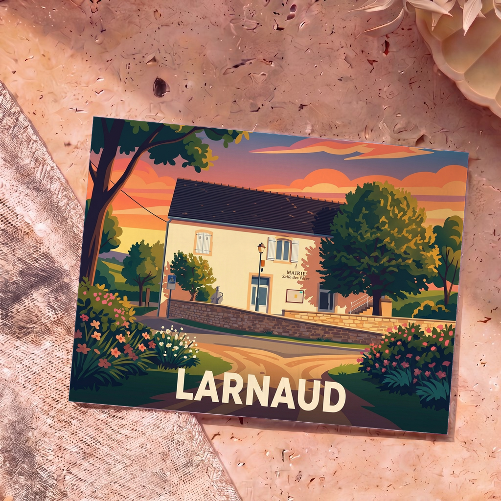 Carte postale souvenir de la ville de Larnaud avec une illustration stylisée de sa mairie au coucher du soleil.
