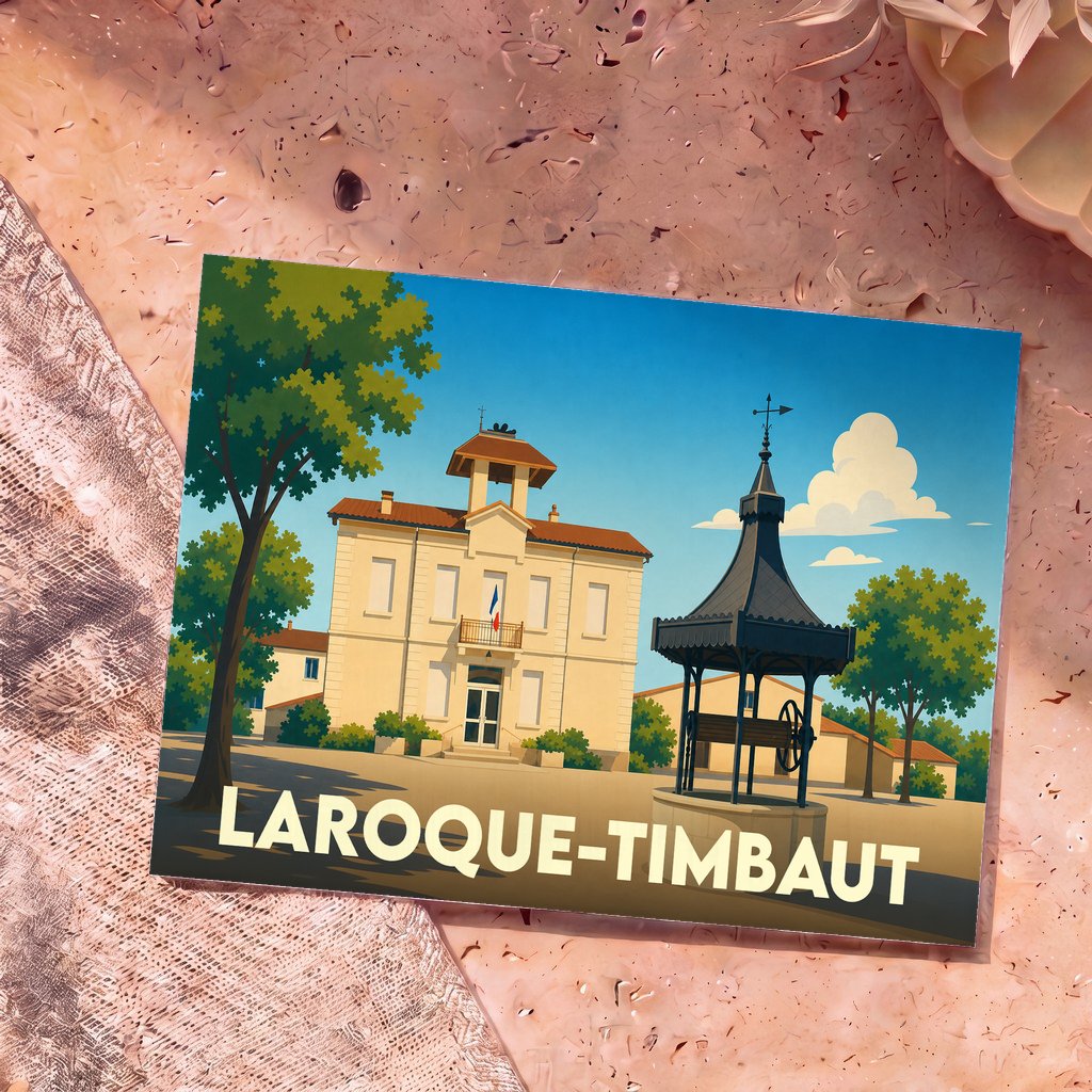 Carte postale souvenir de la ville de Laroque-Timbaut avec une illustration stylisée de la mairie et d'un puits ancien.