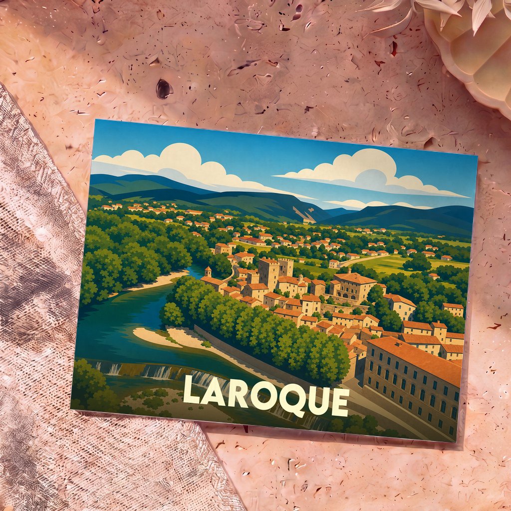 Carte postale souvenir de la ville de Laroque avec une illustration stylisée.
