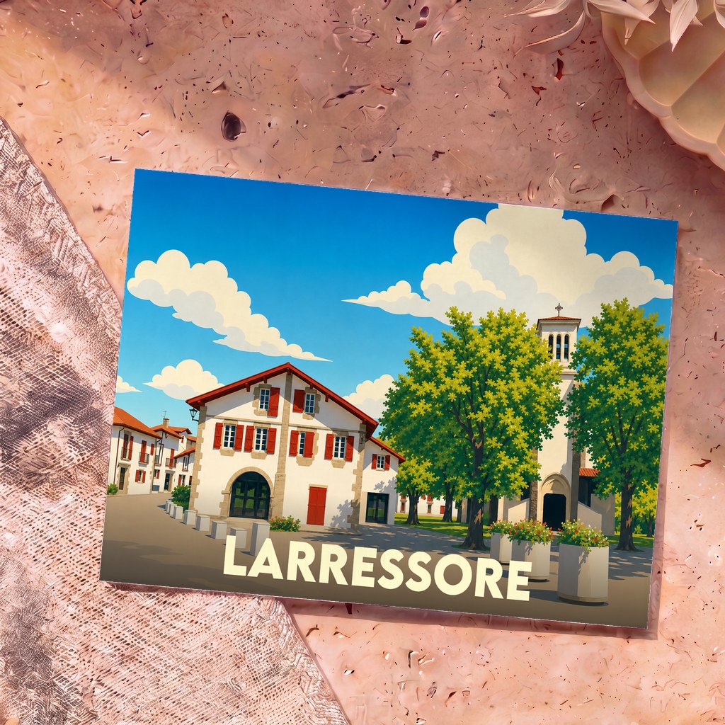 Carte postale souvenir de la ville de Larressore avec une illustration stylisée du village sous un ciel bleu.