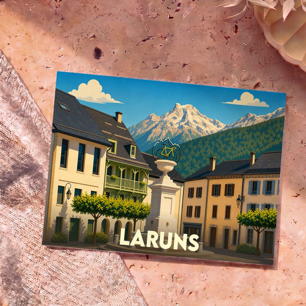 Carte postale souvenir de la ville de Laruns avec une illustration stylisée d'une place de village au pied des montagnes.