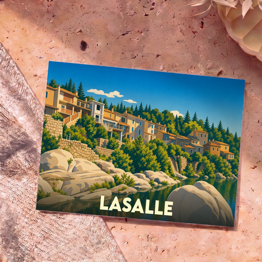 Carte postale souvenir de la ville de Lasalle avec une illustration stylisée d'un village côtier niché entre collines verdoyantes et rochers en bord d'eau.