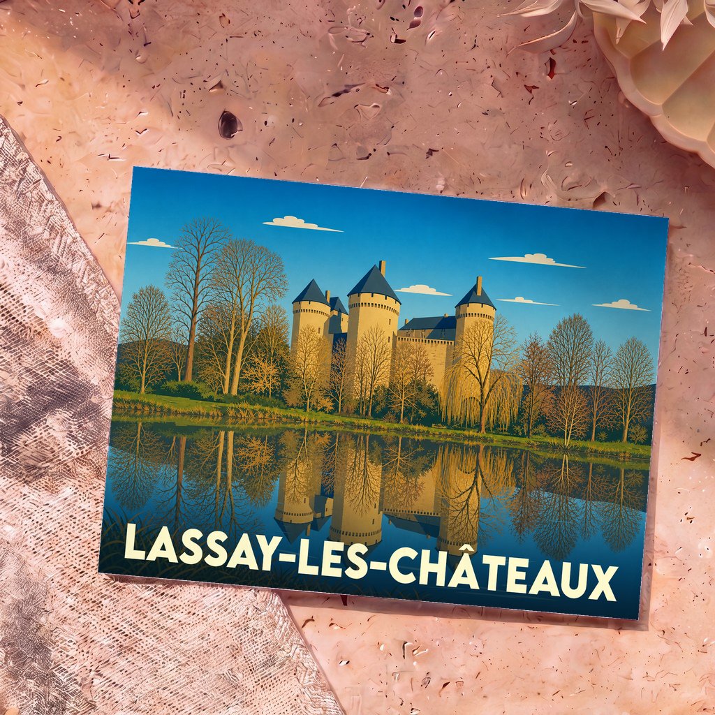 Carte postale souvenir de Lassay-les-Châteaux illustrant son château et ses reflets dans l'eau.