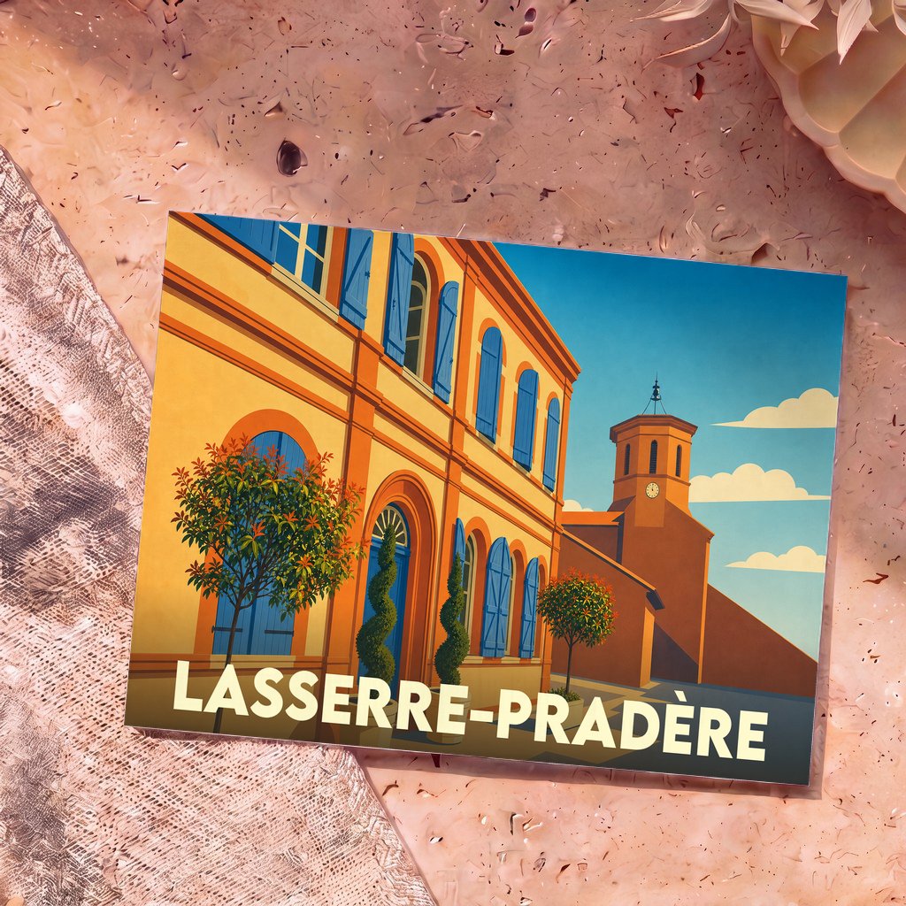 Carte postale souvenir de la ville de Lasserre-Pradère avec une illustration stylisée.