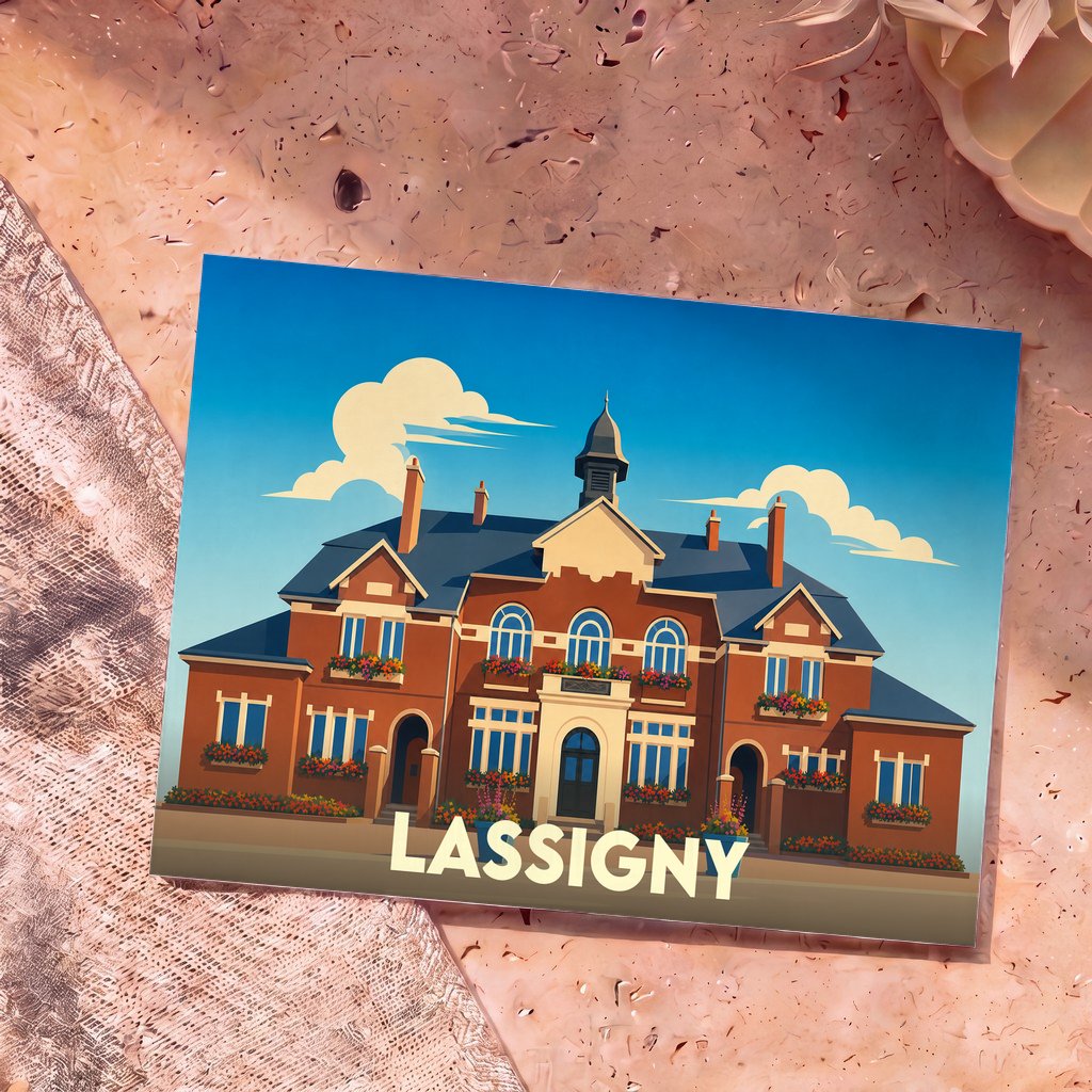 Carte postale souvenir de la ville de Lassigny avec une illustration stylisée de sa mairie.