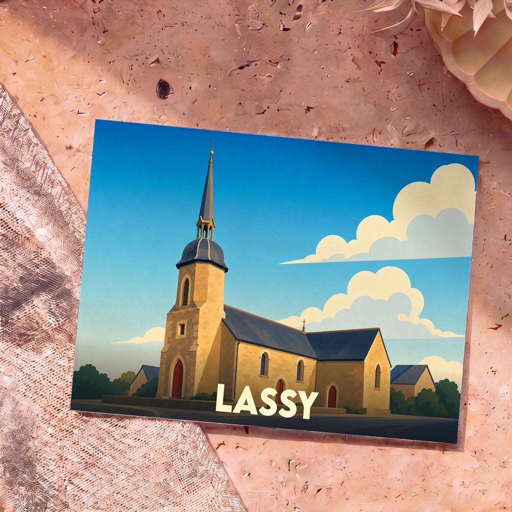 Carte postale souvenir de la ville de Lassy avec une illustration stylisée de son église sous un ciel bleu.