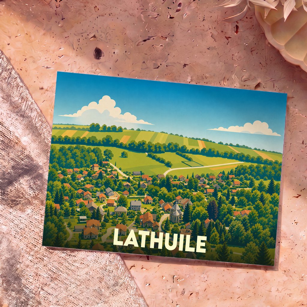 Carte postale souvenir de la ville de Lathuile avec une illustration stylisée d'un village dans un paysage verdoyant.