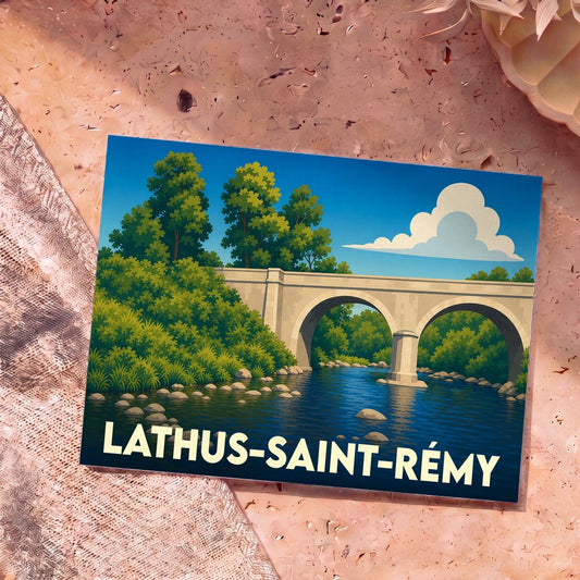 Carte postale souvenir de la ville de Lathus-Saint-Rémy illustrant un pont en pierre sur une rivière calme.
