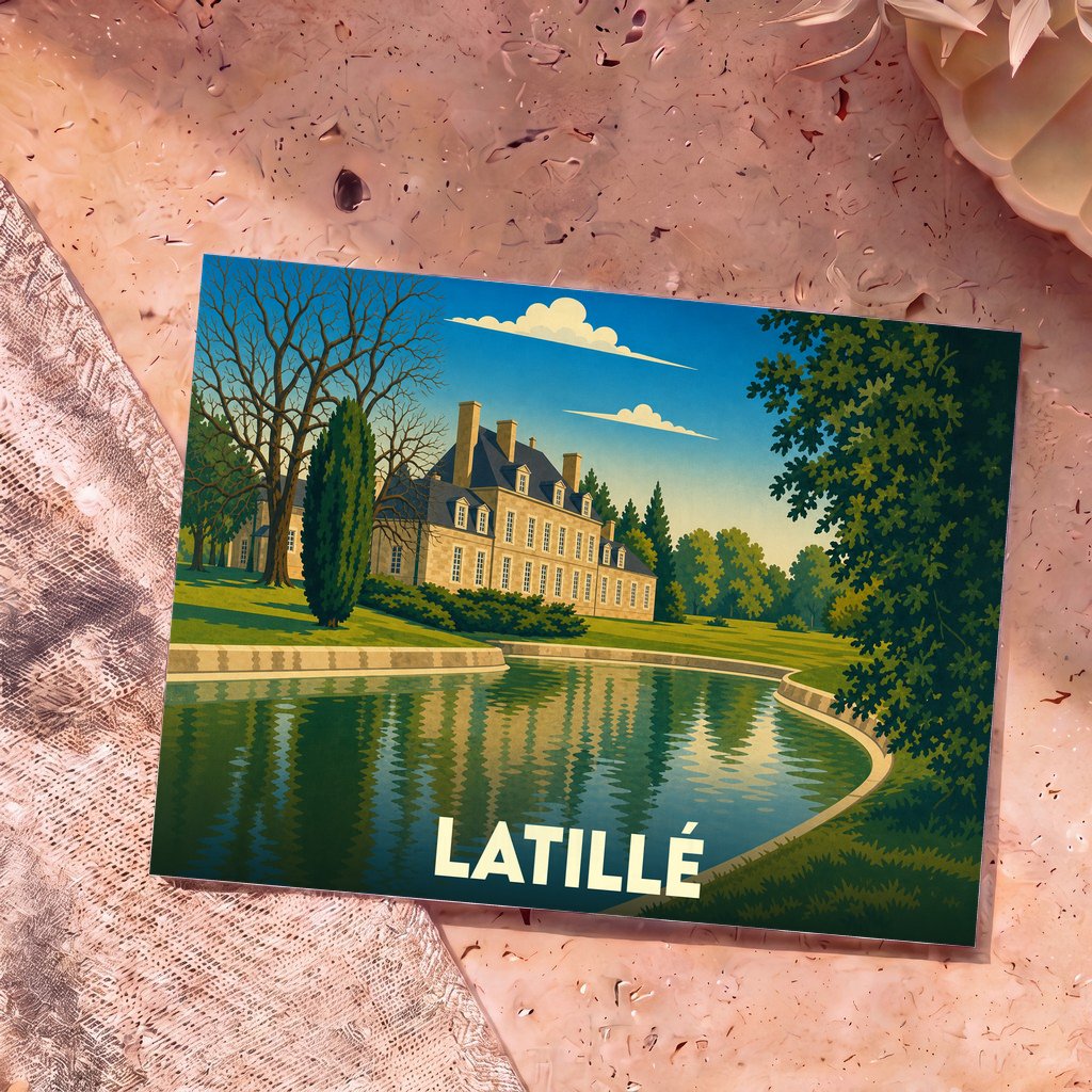 Carte postale souvenir de la ville de Latillé illustrant son château et ses jardins au bord de l'eau.