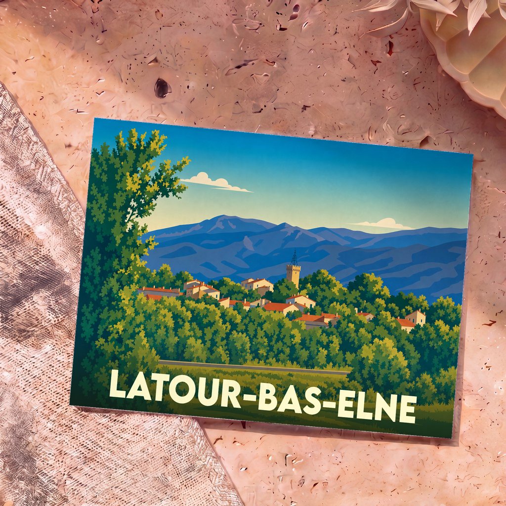 Carte postale souvenir de la ville de Latour-Bas-Elne avec une illustration stylisée de son paysage et de ses montagnes.