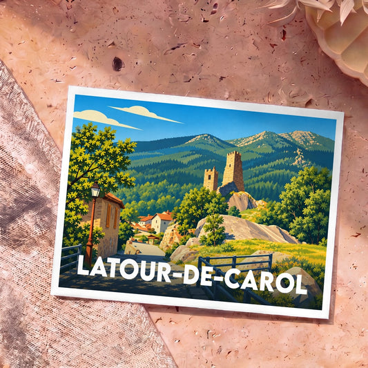 Carte postale souvenir de la ville de Latour-de-Carol avec une illustration stylisée.