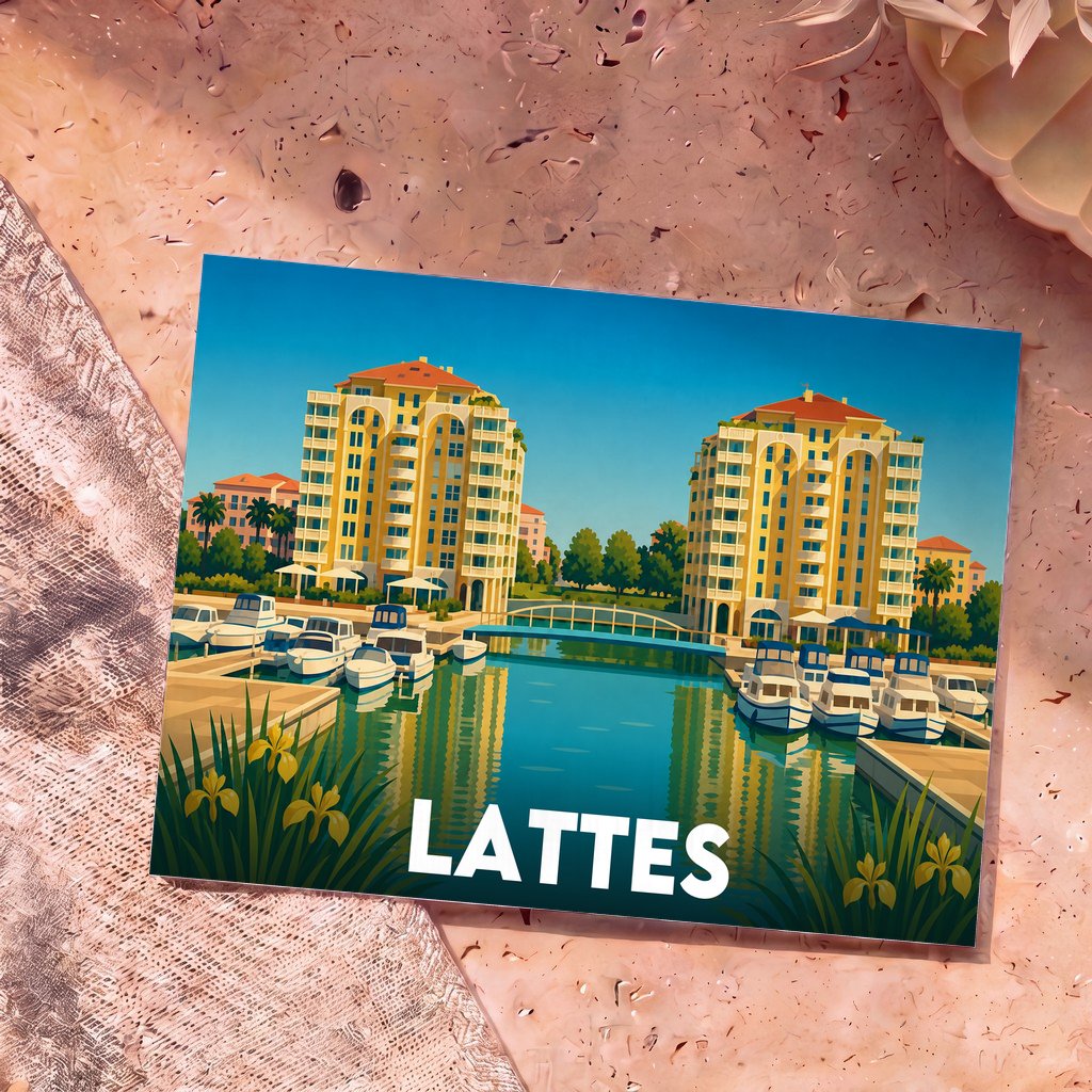 Carte postale souvenir de la ville de Lattes avec une illustration stylisée de sa marina et de ses bâtiments colorés.
