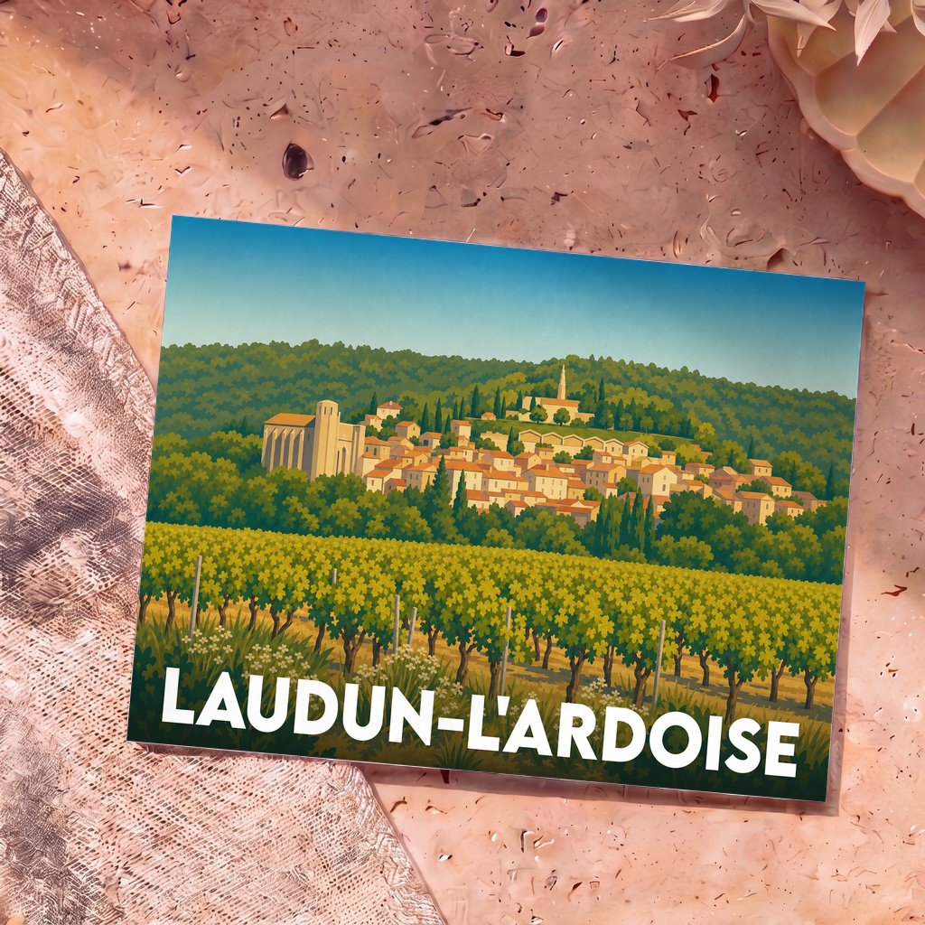 Carte postale souvenir de la ville de Laudun-l'Ardoise avec une illustration stylisée d'un vignoble et d'un village perché.