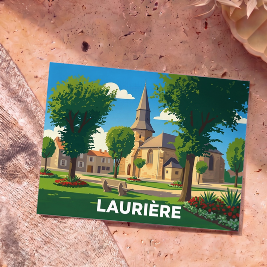 Carte postale souvenir de la ville de Laurière avec une illustration colorée et stylisée de son église et de son parc.