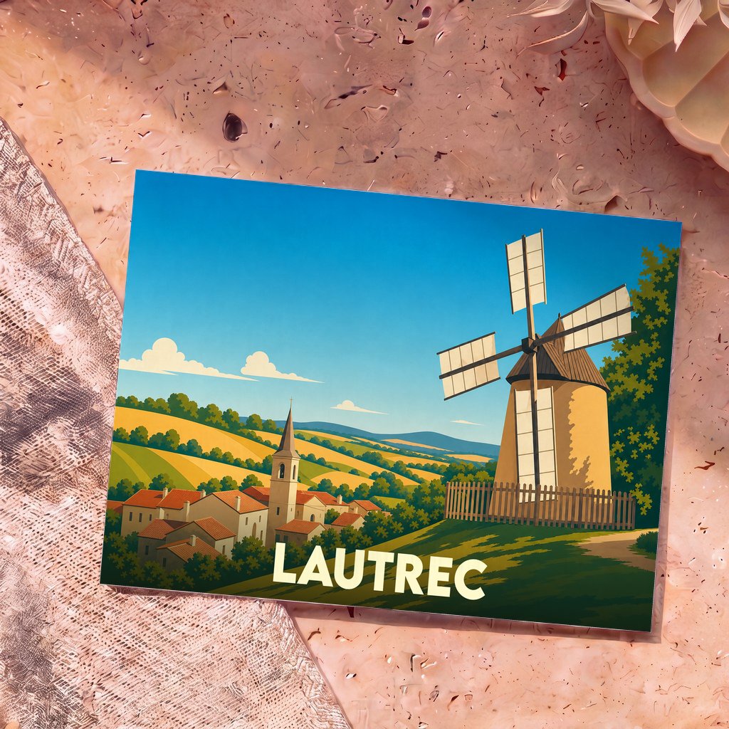 Carte postale souvenir de la ville de Lautrec illustrant son moulin à vent et son village dans un style graphique épuré.