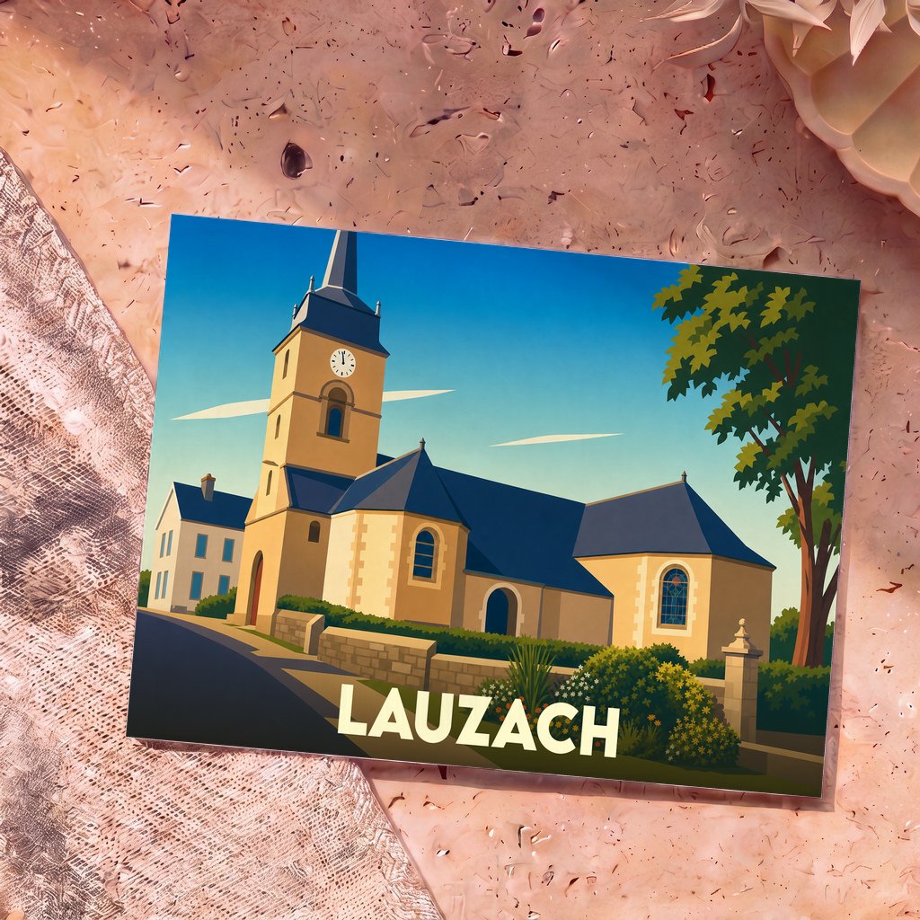 Carte postale souvenir de la ville de Lauzach avec une illustration stylisée de son église.