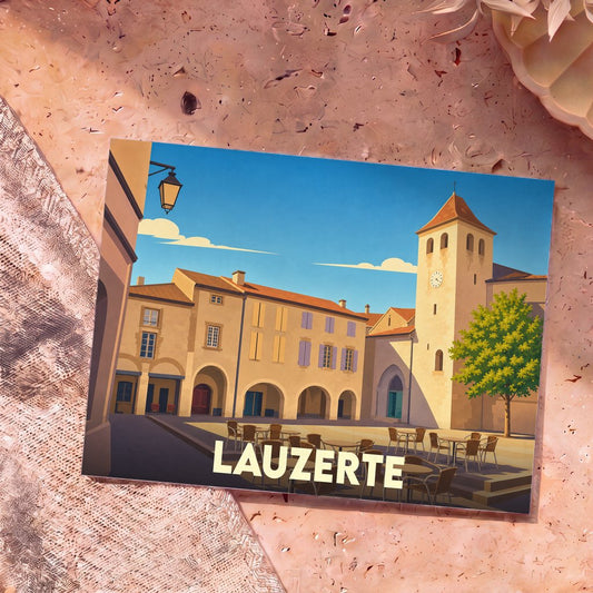 Carte postale souvenir de la ville de Lauzerte avec une illustration stylisée de sa place principale.