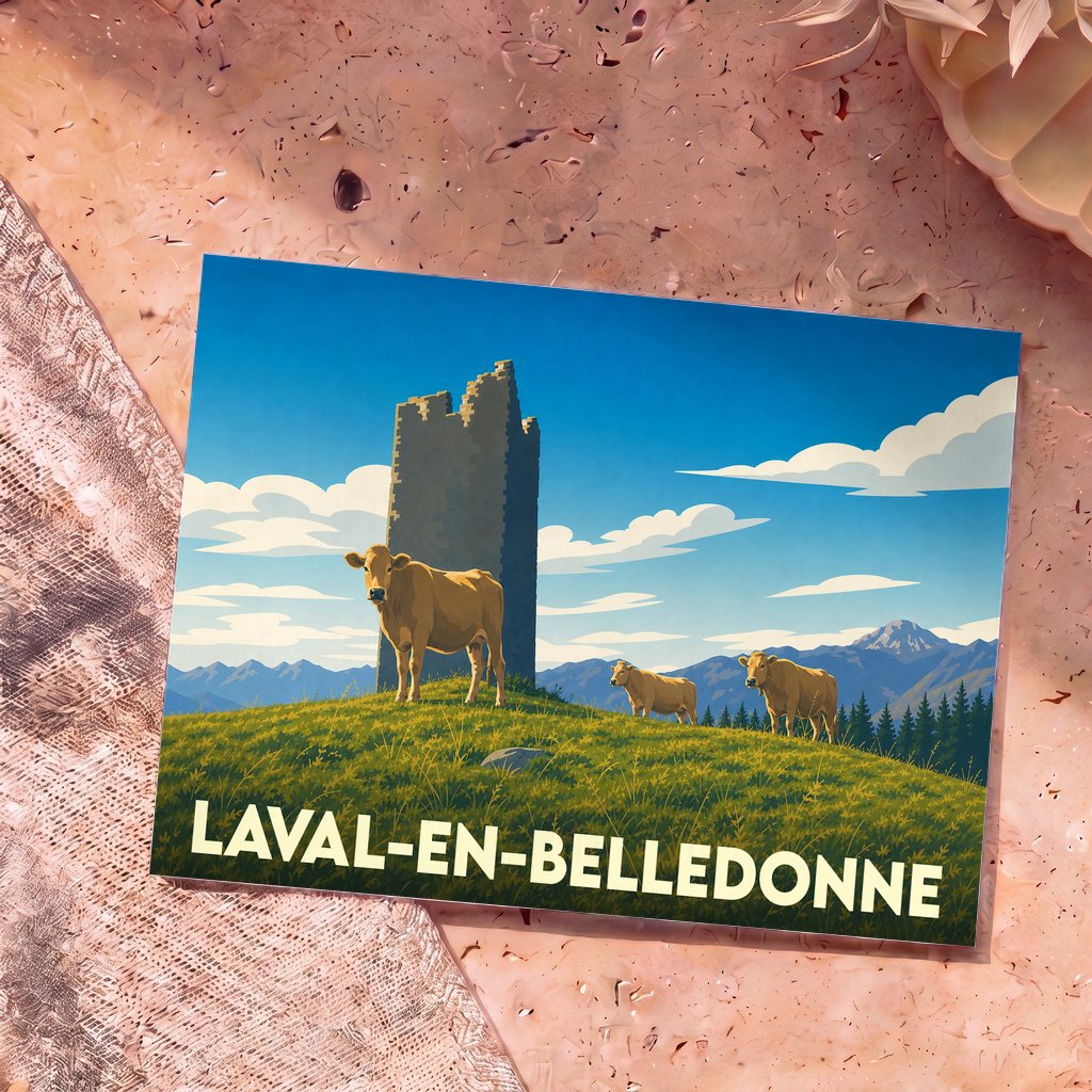 Carte postale souvenir de la ville de Laval-en-Belledonne avec une illustration stylisée de vaches devant une tour en ruine.