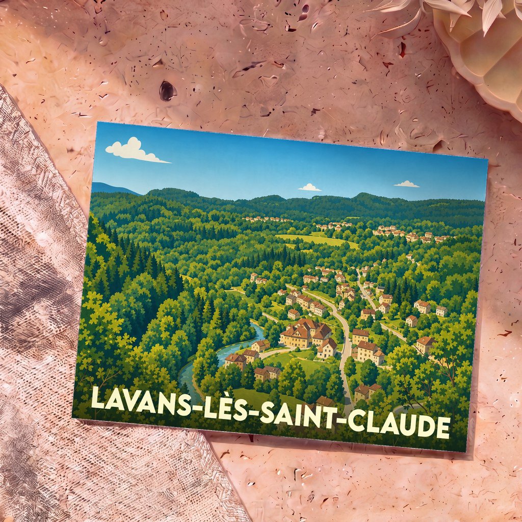 Carte postale souvenir de Lavans-lès-Saint-Claude avec une illustration stylisée d'un village niché dans une vallée verdoyante.
