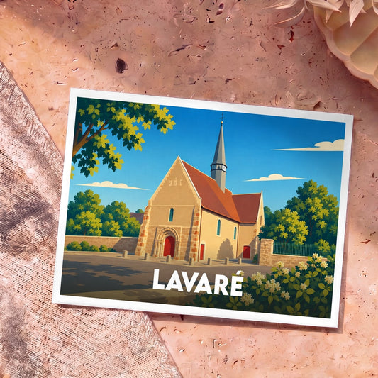 Carte postale souvenir de la ville de Lavaré illustrant son église dans un style graphique épuré.