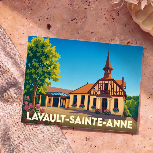 Carte postale souvenir de la ville de Lavault-Sainte-Anne avec une illustration stylisée de sa mairie.