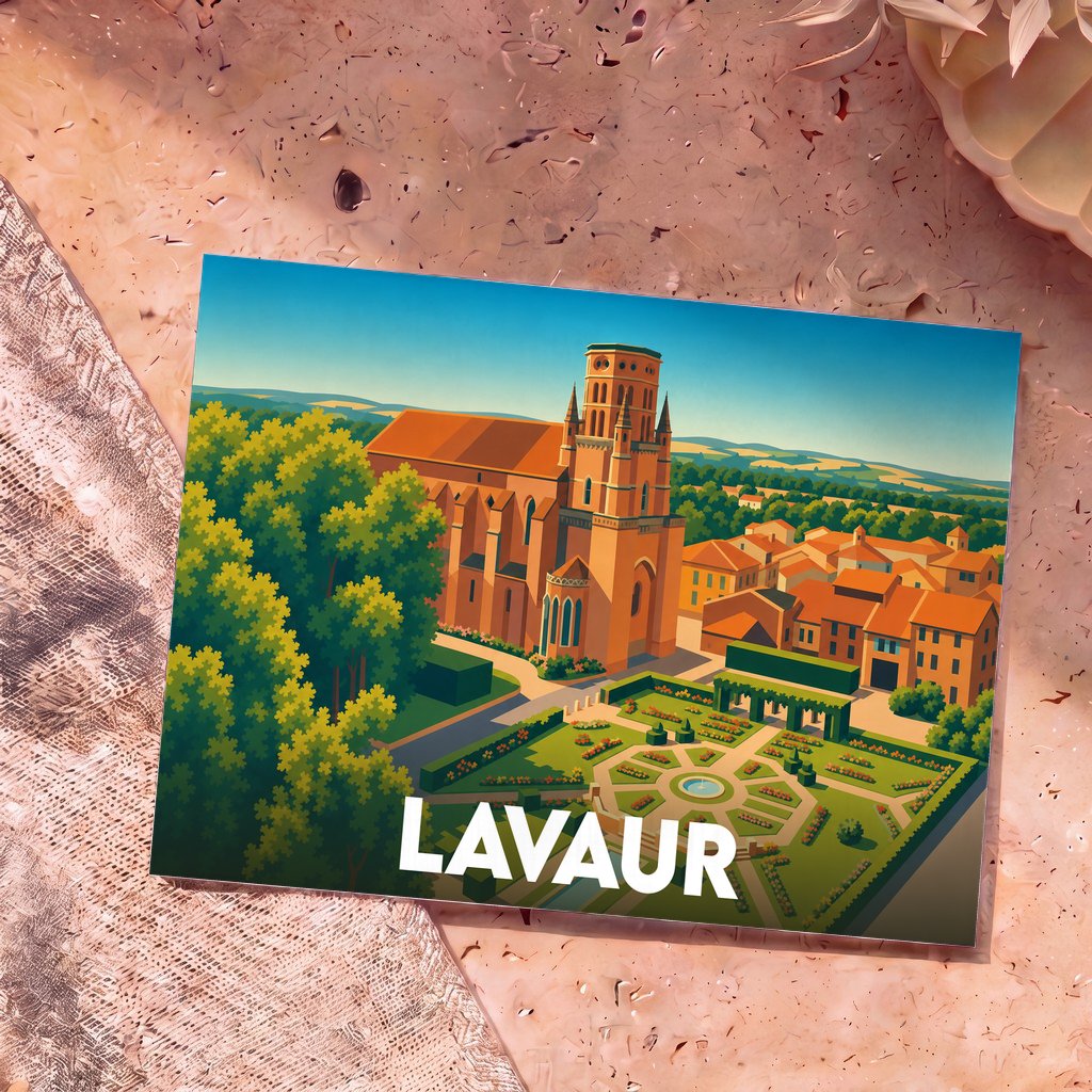 Carte postale souvenir de la ville de Lavaur avec une illustration stylisée de sa cathédrale et de ses jardins.