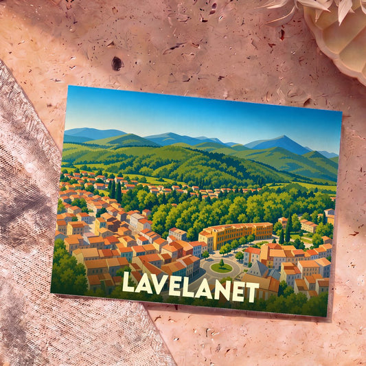 Carte postale souvenir de la ville de Lavelanet avec une illustration stylisée d'un paysage vallonné.