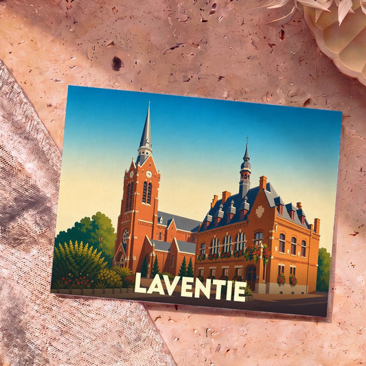 Carte postale souvenir de la ville de Laventie avec une illustration stylisée de son église et de sa mairie.